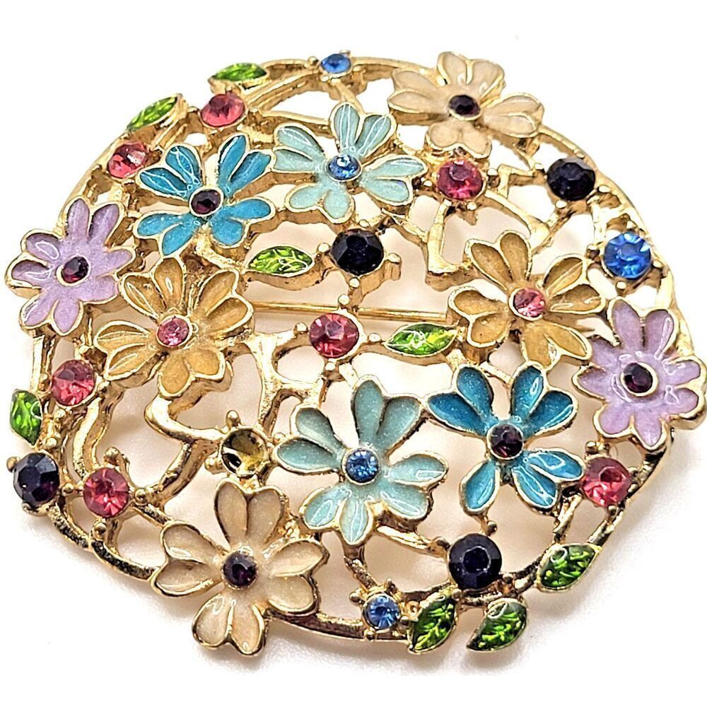Mid Century Monet Gold Tone Multi Colored Enamel Rhinestone Spring Floral Brooch